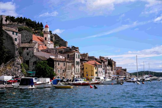 The town of Sibenik which sits along the estuary of the Krka river and the Adriatic sea.