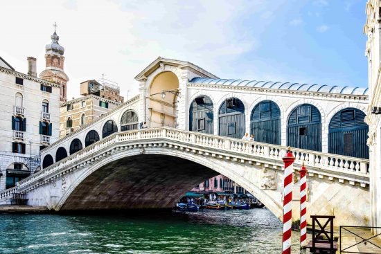 The Rialto Bridge in Venice, the oldest of the four bridges spanning the Grand Canal.