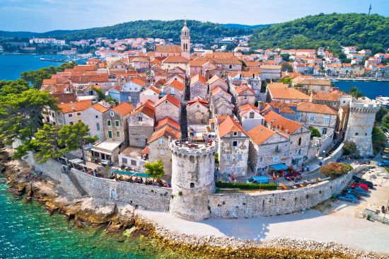 An aerial view of the historic town of Korcula in southern Croatia.
