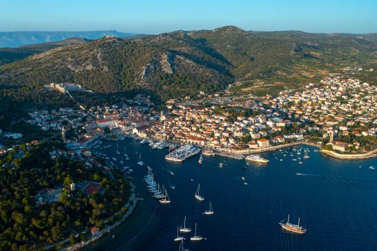 An aerial view of Hvar town and its port.