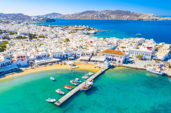 Panoramic view of Mykonos town, Cyclades islands, Greece