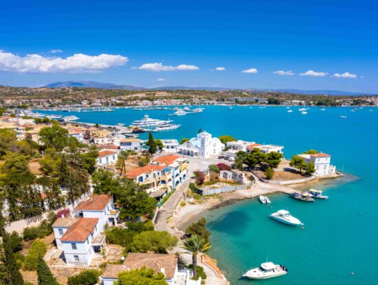 View of the picturesque coastal town of Porto Cheli in the Peloponnese in southern Greece.